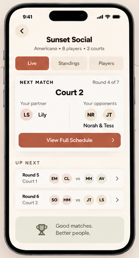 Live round showing Sunset Social, Court 2, partner, opponents and upcoming rounds