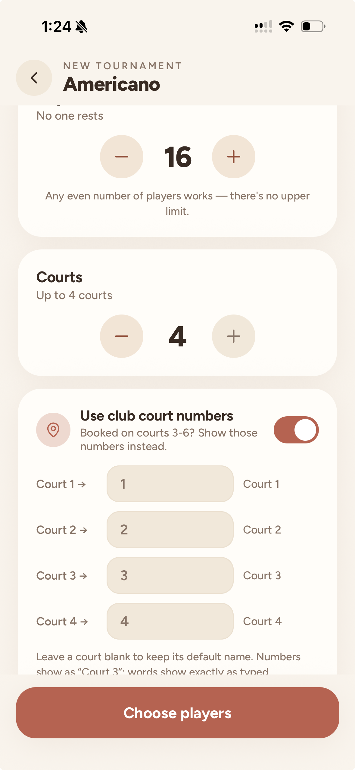 Americano tournament setup showing 16 players, four courts and custom court numbering