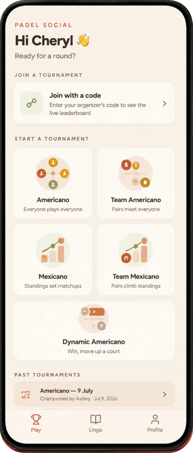Creating an Americano tournament in Padel Social: name, players, courts, scoring and session length.