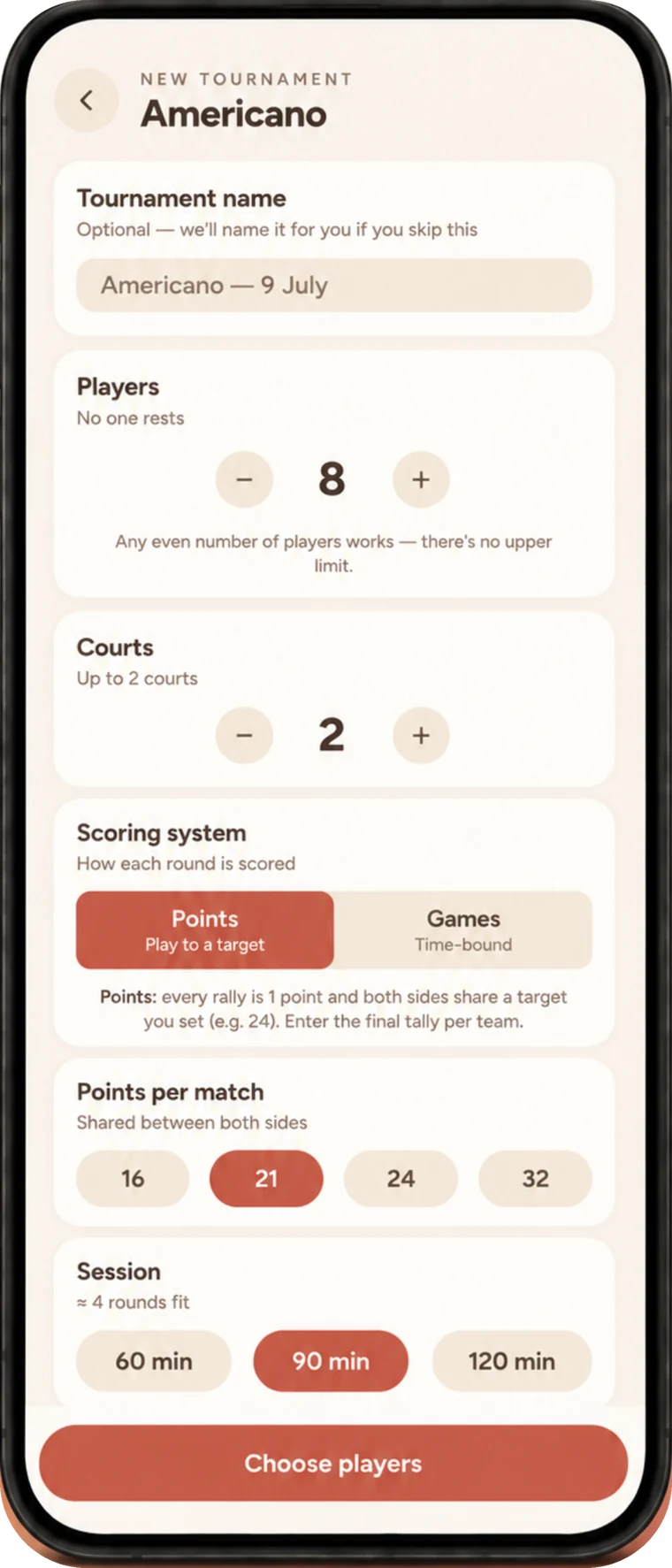 The Padel Social home screen, showing tournament formats ready to start.